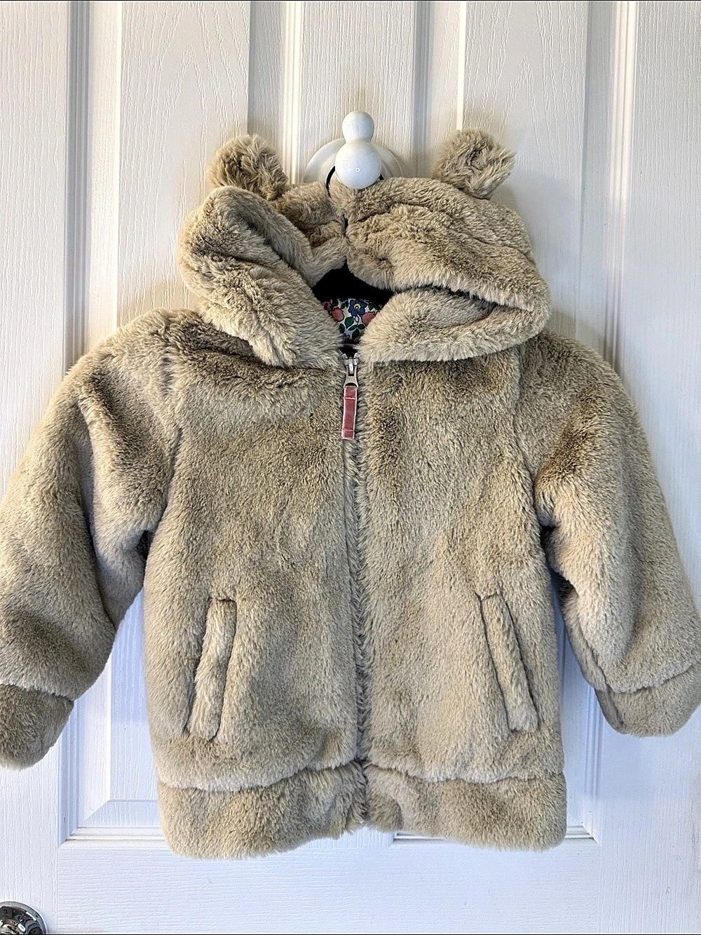 Mini Boden Girls Faux Fur Bear Ear Hood Coat Floral Lined 4-5Y NWOT